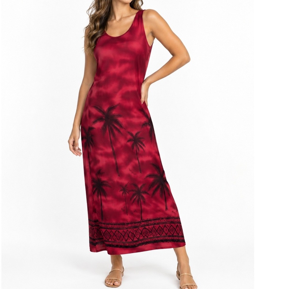 R&K Originals Red Black Tropical Palm Tree Border Print Sleeveless Dress Size 8